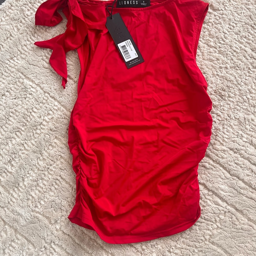 Lioness Red Sleeveless Bodysuit with Ruched Tie Front